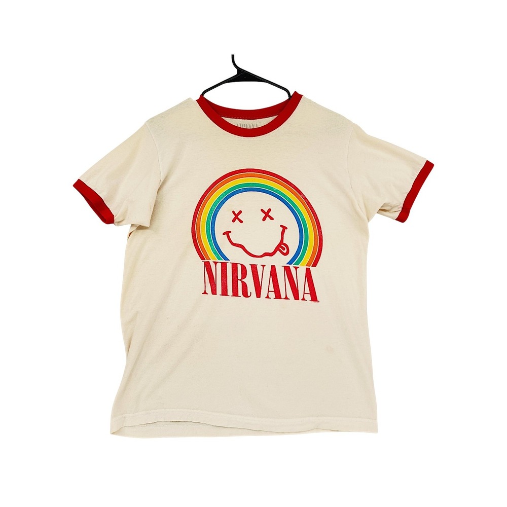 Nirvana Ringer T-Shirt M Womens Smiley Rainbow Cream Red Graphic Band Tee Grunge